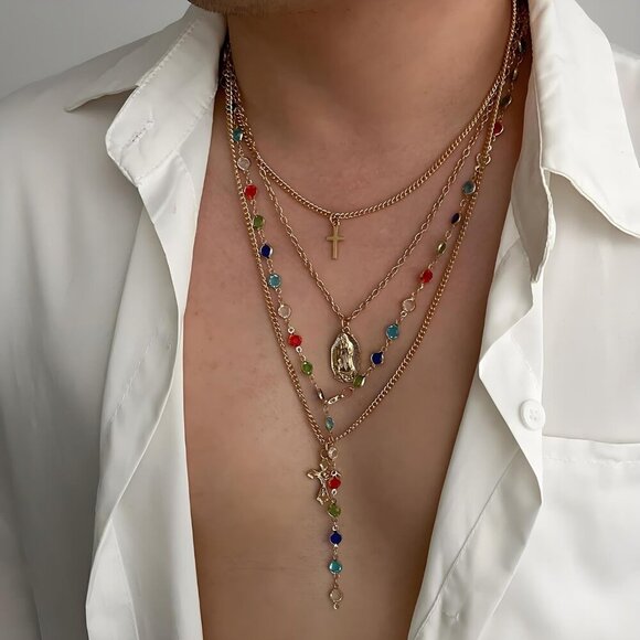 Gold Layered Cross Necklaces Set for Women Dainty Vintage Virgin Mary Jewelry - Picture 6 of 8